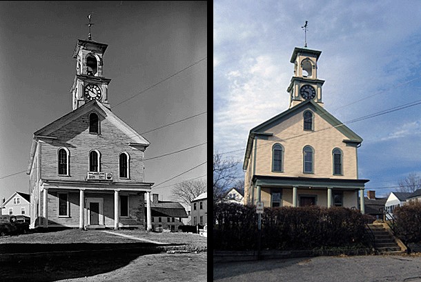 Original and present view from the front of the South Meeting House