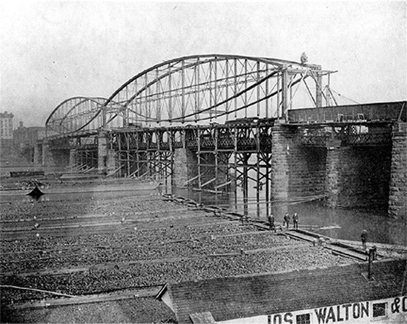 The Smithfield Street bridge during construction in 1882.  Notice Roebling's bridge, still operational, underneath.  