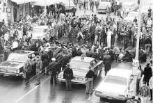 Students clash with white residents and law enforcement officials downtown Yellow Springs on Xenia Avenue during demonstration against Gegner's Barber Shop on March 14, 1964. 