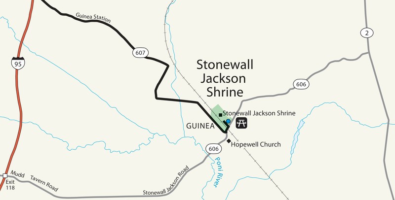 Where the "Stonewall" Jackson Shrine is located on the map