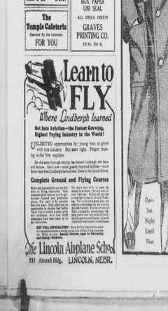 "Learn to Fly" advertisement for the Lincoln Airplane and Flying School, 1928.