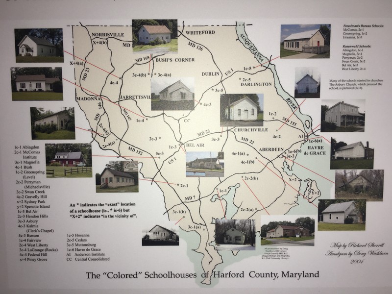 Jim Crow map detailing locations of Colored Schools in Harford County.