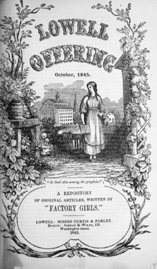 Title page of "The Lowell Offering," a magazine of writings by women working in the Lowell mills. As the illustration suggests, authors often depicted their lives as millhands favorably, focusing on the opportunities for education and personal growth provided within the paternalistic system.