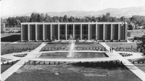 View of the the front of the Library and Fountain, ca. 1969.