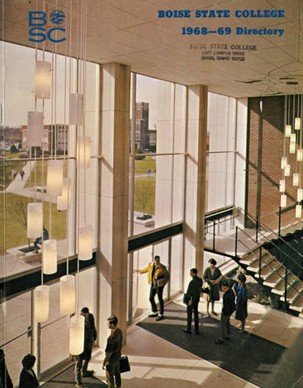 A view of the entry lobby of the Library as depicted on the cover of the student directory for 1968-69. This space, part of the original Library building constructed 1963-64, was expanded to a three floor atrium in 1995.