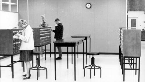 Patrons of the Boise College library using the card catalog, ca. 1965.