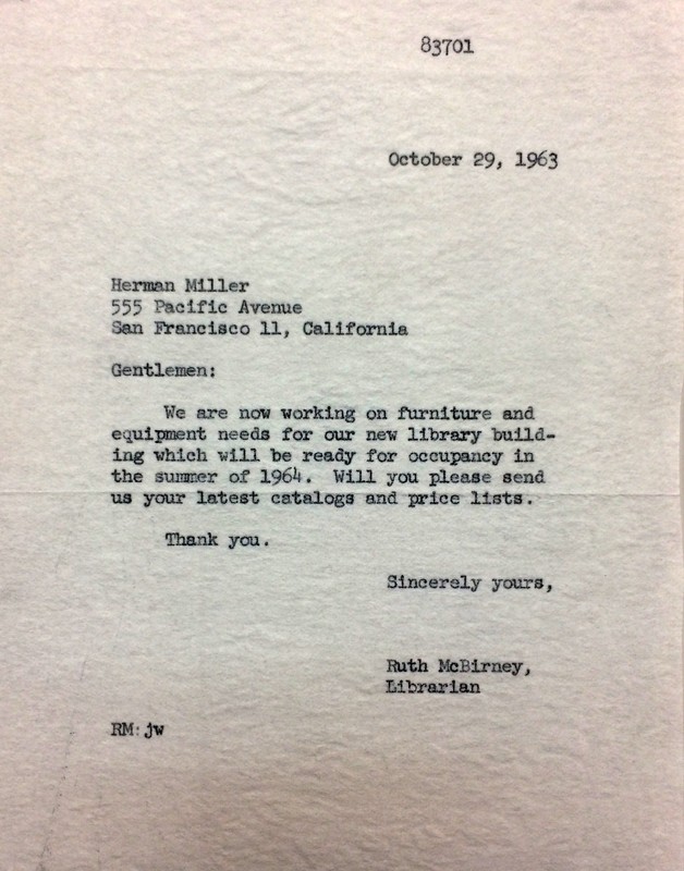 Miss Ruth McBirney, Head Librarian's letter to Herman Miller requesting a catalog of furniture and price lists for the new Library Building.