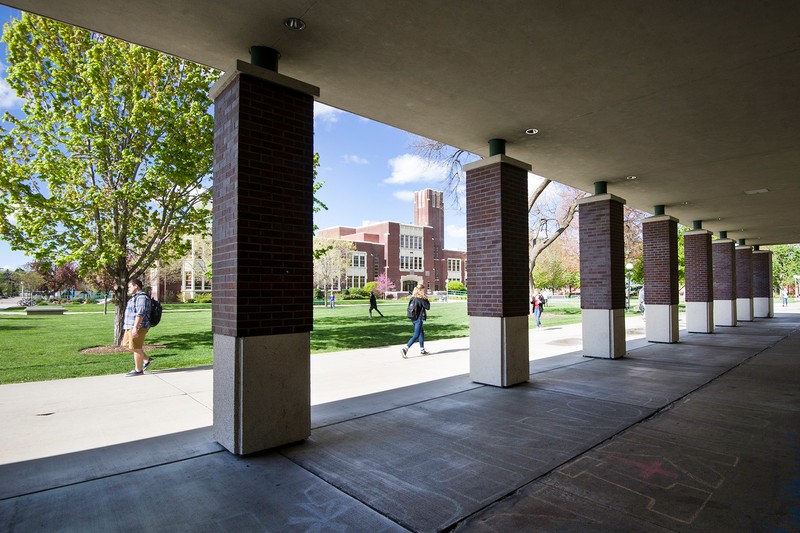 View of the columned hall with the Administration Building visible.