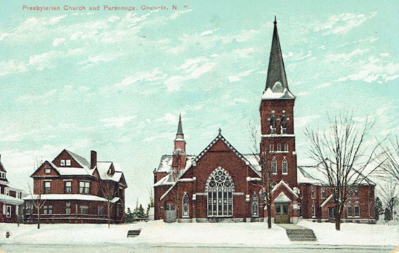 First Presbyterian Church, in front of the cemetery (Greater Oneonta Historical Society)