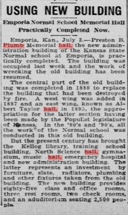 1917 newspaper article mentioning Plumb Hall also finished (Topeka State Journal)