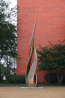 1961 sculpture in front of the Fire Academy, by Egon Weiner's , near where the O'Leary cottage once stood and the Great Chicago Fire began. 