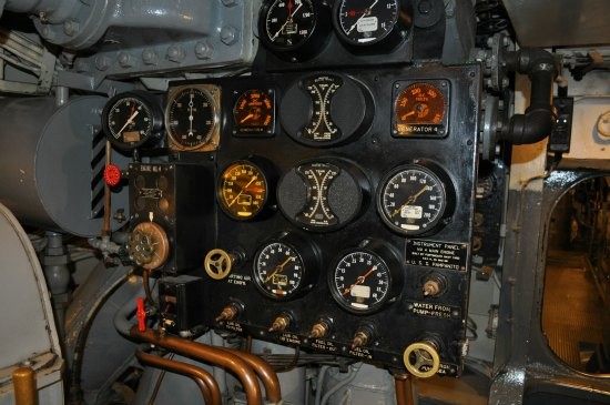 The engine panel in the engine room of the USS Pampanito. 