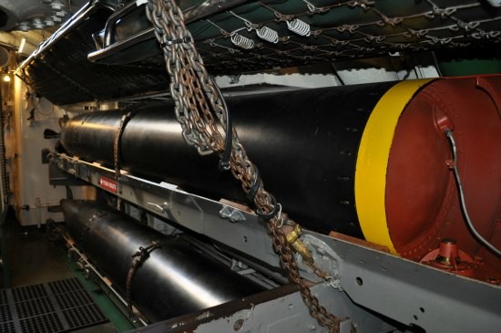 A torpedo inside the torpedo room of the USS Pampanito. 