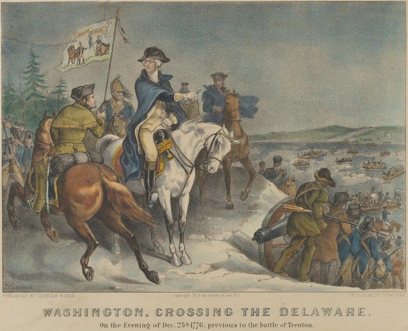 Scene from the American Revolution. George Washington at left on horseback points to the river as the troops embark across the river in rowboats.