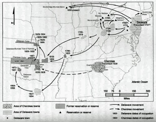 This is a map that shows some of the different routes that bands of Delaware traveled on during the removal process