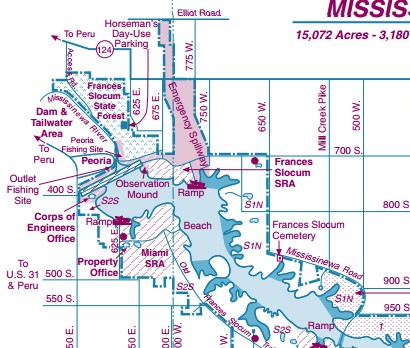 This portion of the Mississinewa Lake Park shows where the Frances Slocum State Recreational Area is, where the Miami State Recreational Area is, and shows the cemetery where Frances Slocum is Buried. 