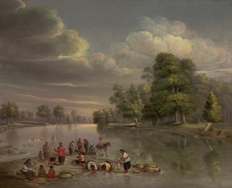 "Scene on the Wabash, 1848" by George Winter Depicts Potawatomi people cooking and washing on the Wabash river, near Logansport.