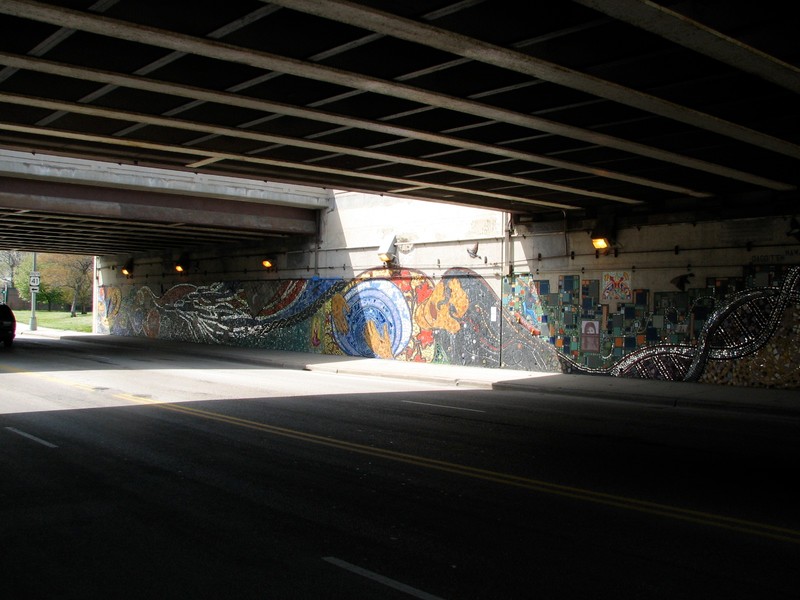 One side of the "Indian Land Dancing" mural, picture taken from opposite side of the underpass. Photo Credit: Jim Bartholomew, 2010.