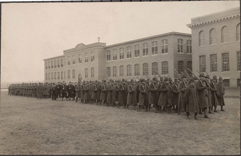 Troops train on the school's grounds in 1918.