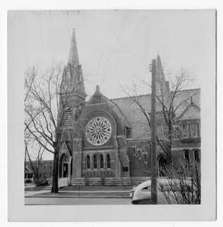 A street view of the exterior of First Presbyterian Church in Independence, Missouri, where Harry S. Truman first met Bess Wallace. Ca. 1948