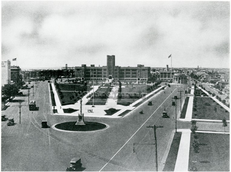 1920s. This view of Chelsea Parkway shows the World War I Memorial in the distance, as well as the Atlantic City High School, which was opened in 1923. The Soldiers and Sailors Monument is in the foreground.(H009.ChelseaPark001 Alfred M. Heston Colle