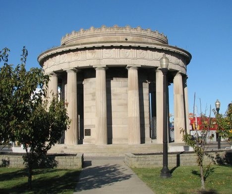 Outside of World War I Greek style monument made of Indiana limestone.  