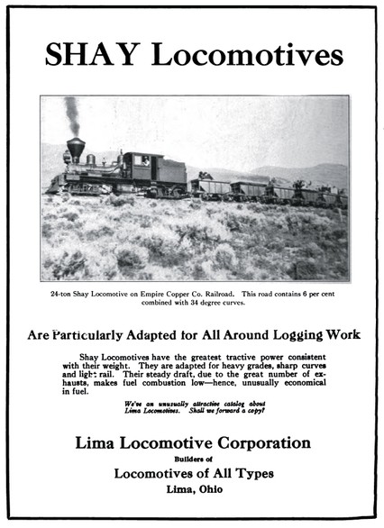 A 1915 advertisement for Shay locomotives manufactured by the Lima Locomotive Works