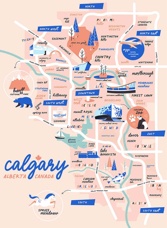 This illustrated map of Calgary prominently features many of their main tourist attractions, including the Saddledome. The use of bold colours and trendy fonts work to modernize Calgary and aim to appeal to a younger, more hipster demographic. Placing the Saddledome among newer and more Prominent landmarks works to undo the notion that the Scotiabank Saddledome is obsolete. The use of graphic illustrations with only short written descriptions emphasises how important the iconic architectural structure of the stadium is to its relevance. The Saddledome is displayed right in the city's heart, very near the downtown. Its placement on one of the few roads illustrated on the map pushes the narrative of its centrality and accessibility.