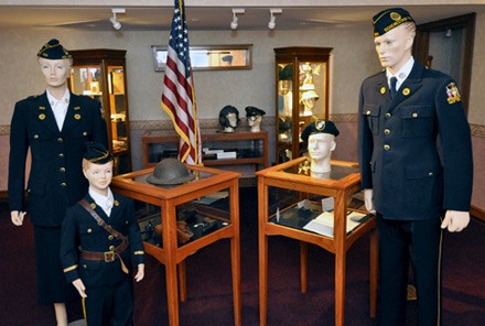 At the entrance to the Emil A. Blackmore Museum, visitors are greeted by mannequins displaying military uniforms across the services and through the decades.