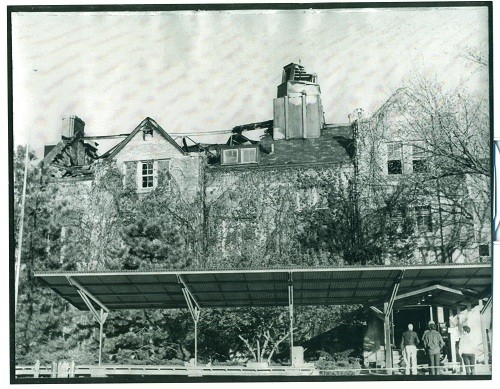 An image of the exterior of the Union after the fire. The roof cave-in is visible in the top left.