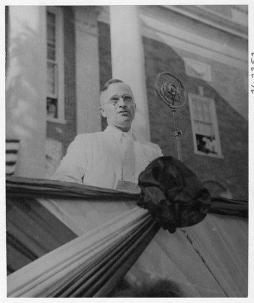 Jackson County Presiding Judge Harry S. Truman is speaking at the dedication of the Jackson County Courthouse in Independence, Missouri in 1933.