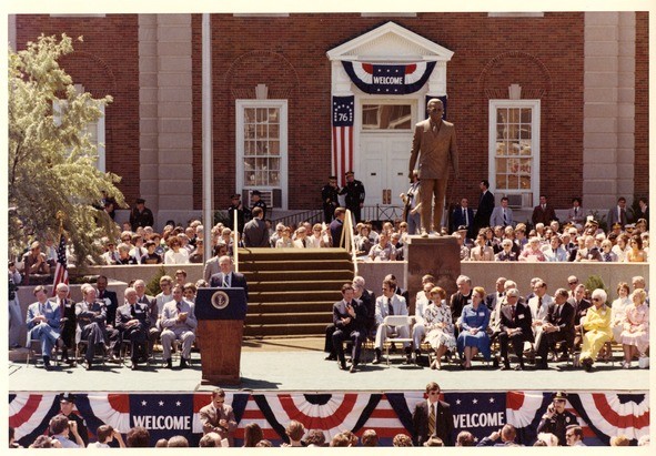 President Gerald Ford speaks at the dedication of the Harry S. Truman statue in front of the Jackson County Courthouse in Independence, Missouri.