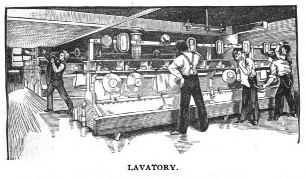 1888 illustration of students washing up in a lavatory (wash basin room) of Banker Hall.