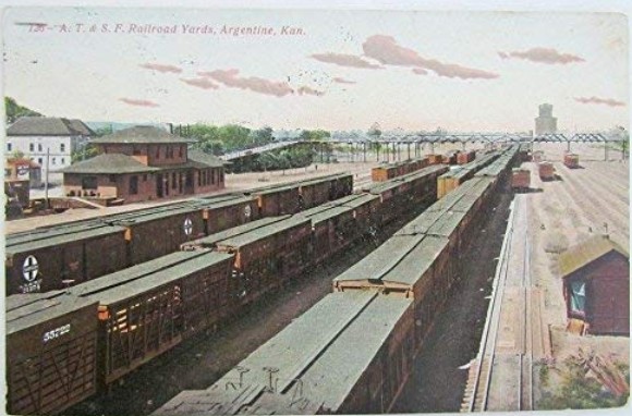 An image of the ATSF yards in Argentine. The YMCA is the white building on the far left behind the depot