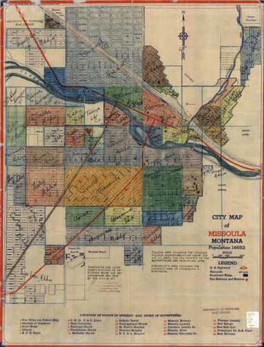 1936 Map of Missoula. St. Francis Xavier Church is Marked "11" Under "Locations of Points of Interest" as "Catholic Church"