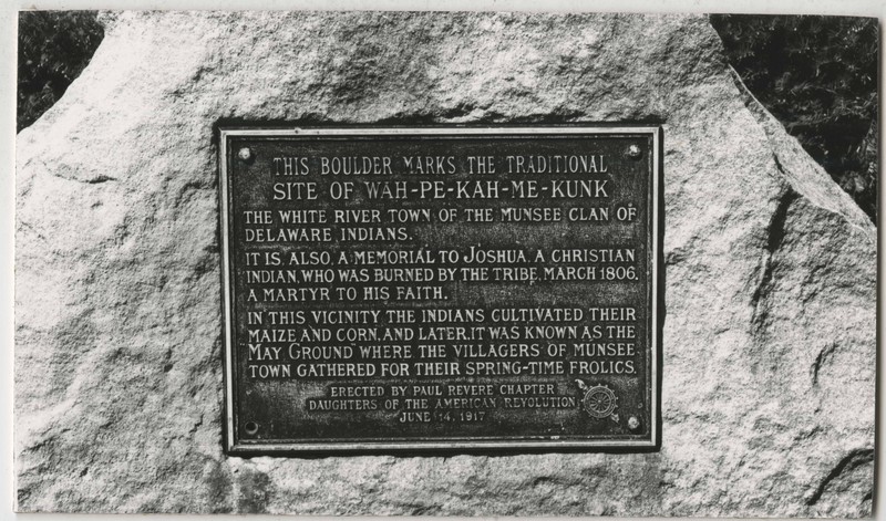 This is a photograph of the plaque that marks the Wah-Pe-Kah-Me-Kunk Site on the Minnetrista grounds.