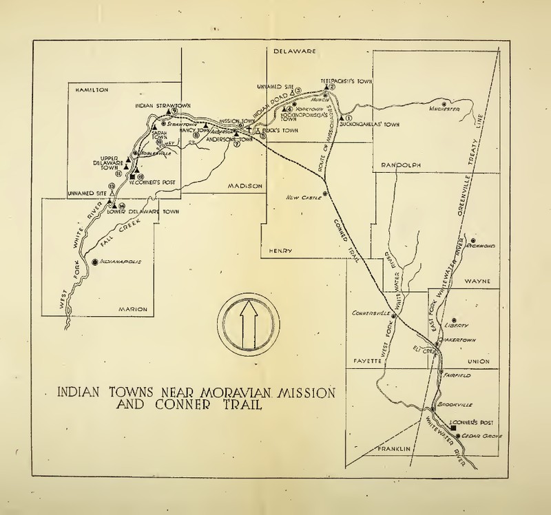 Map showing the location of Tetepachsit's Town, also known as Muncee Town and Wapakamikunk (present-day Muncie, Indiana). Map taken from "Sons of the Wilderness" pg. 43.