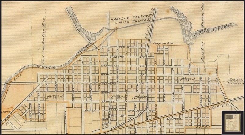 This is part of a Muncie Township map from 1876. At the top center is part of the Hackley Reserve, which intersects with present day Minnetrista.