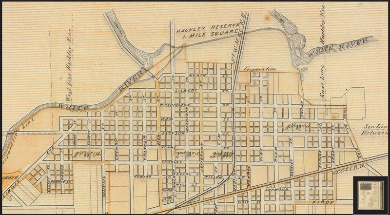 This is part of a Muncie Township map from 1876. At the top center is part of the Hackley Reserve, which intersects with present day Minnetrista.   