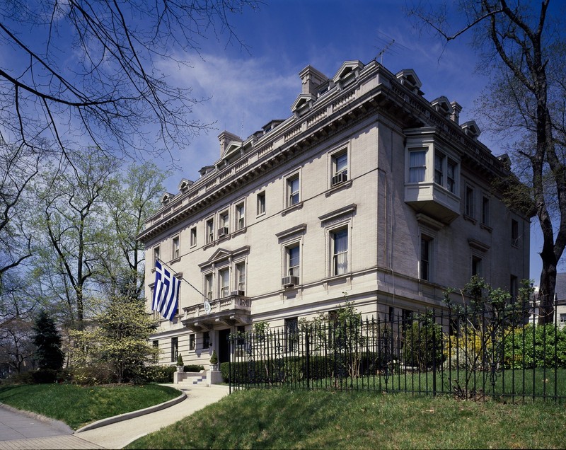 The Greek Embassy's chancery was originally a mansion built in 1906. The embassy moved around D.C. several times until the mansion was given to the Greek government in 1937. Wikimedia Commons.