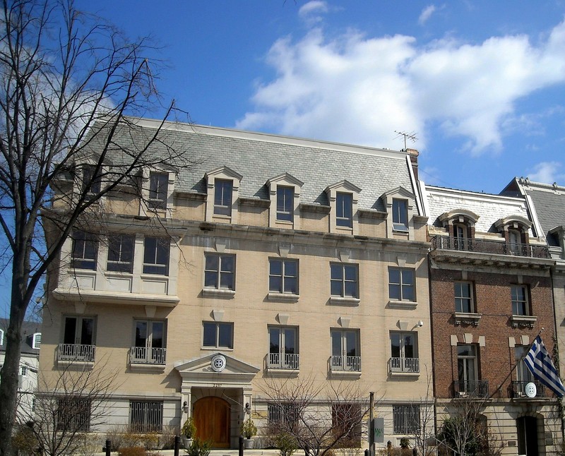 Two neighboring properties that comprise the Greek Embassy. The building on the left was constructed in 2006 by Greek architect Angelos Demetriou, and the brick building on the right belonged to the wife of Civil War Lt. General Philip Sheridan