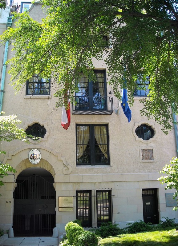 The Latvian chancery is a fine example of Spanish Colonial Revival architecture on Embassy Row, noted by its rounded features and masonry construction.