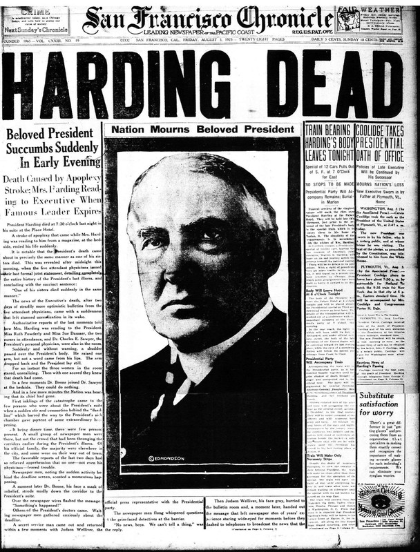 A newspaper account of President Harding's death 