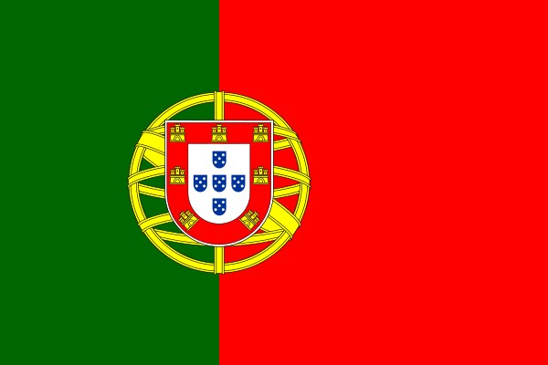 Portugal's modern flag, adopted in 1911, includes a simple version of the national coat of arms. The flag was traditionally white and blue and changed to green and red after the 1910 Republican revolution. Wikimedia Commons.