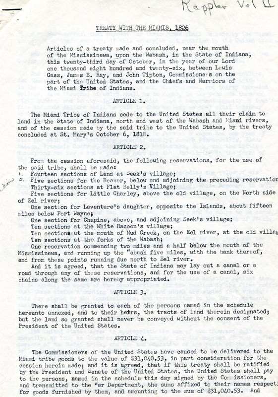 Page one of the Treaty of Miami 1826. The Treaty discusses the terms in which the Miami Nation would cede their lands North and West of the Wabash and Miami rivers to the federal government. 