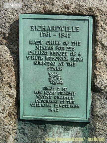 The account of Richardville's rescue is featured in the "Background Information" segment of this post. The plaque is located in  Cathedral Square Cemetery in Fort Wayne, IN.