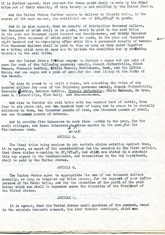 Page two of the Treaty of Miami 1826. These articles discuss what the Miami Tribe received from the State of Indiana after they ceded their lands to the United States.