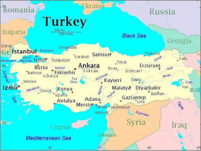 Pictured is a map of Turkey and surrounding countries. The map shows several major Turkish cities, including Istanbul and Ankara, the capital of Turkey. As the map shows, Turkey is bordered by both Europe and Asia.