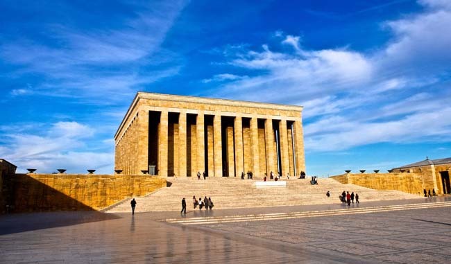 Pictured is the mausoleum of Mustafa Kemal Ataturk. The tomb was built to honor Ataturk for his leadership of the country. The mausoleum was completed fifteen years after his death and reaches 56 feet high. There are four main parts to the tomb. 