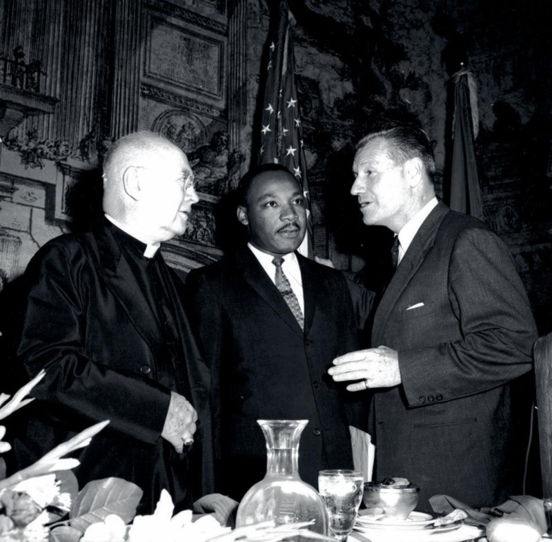 Nelson Rockefeller invited King to speak and is pictured with King at the hotel along with Cardinal Francis Spellman on the left.  